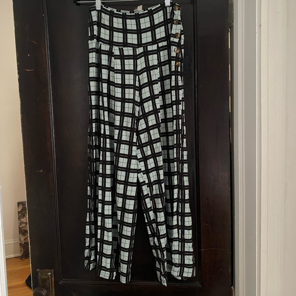 Blue and black checkered plaid pants with stretch waist